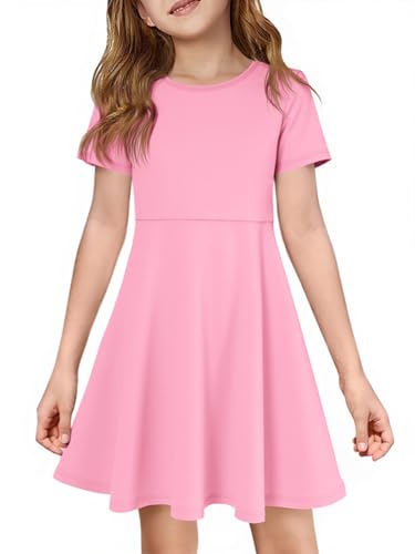 Imily Bela Girls Summer Short Sleeve Dress A Line Swing Basic Skater Twirl Party Dresses 5-14 Years Pink