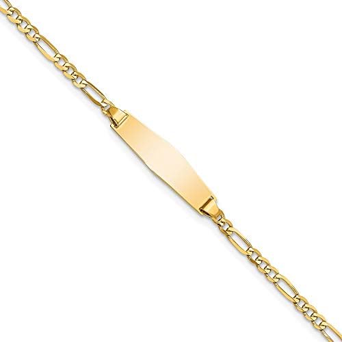 Engravable Personalized Custom 14K Yellow Gold Baby Soft Diamond Shape Figaro ID Bracelet For Men or Women Length 6 inches Width 5 mm With Lobster Claw Clasp