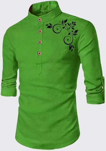 Image of DEELMO Men's Full Sleeve Short Kurta Shirt with a Trendy Mandarin Collar Crafted from a Premium Cotton Blend for Comfort Ideal for Casual and Semi-Formal Occasions