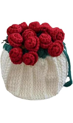 Image of RHC Handmade Crochet Bucket Bag with 3D Red Rose Floral Embellishment, White, Medium, Women's Crossbody Handbag 18x18