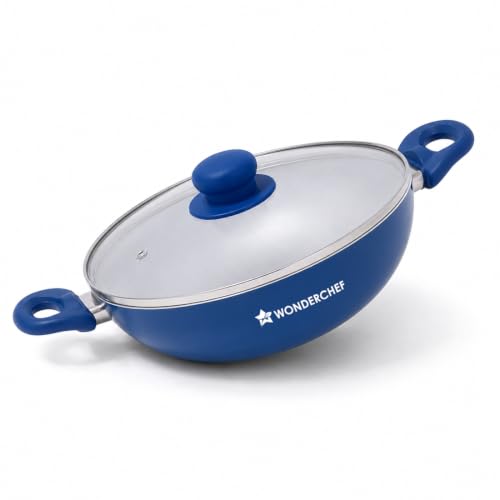 Image of Wonderchef Natura Ceramic Kadhai & Glass Lid for Cooking, 24cm, 2.5L, Non-Toxic Chemical-Free Coating, PFOA /PFAS-Free, Scratch-Resistant, Gas & Induction Compatible, 2-Yr Warranty, Teal Blue