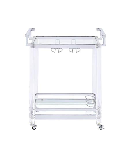 Coaster Home Furnishings Modern Contemporary 2 Shelf Acrylic Serving Bar Cart Trolley Clear Tempered Glass Caster Wheels Wine Bottle Holder Stemware Rack Chrome #TOP1