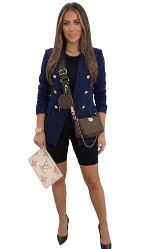 Image of Sykesstyle Women’s Double Breasted Gold Button Blazer Slim Fit Tailored Office Jacket with Long Sleeves Lightweight Casual Suit Coat (UK, Numeric, 12, Regular, Regular, Navy)