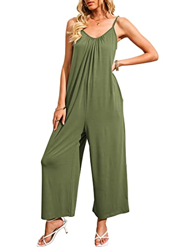 Prinbara Womens Casual Sleeveless Strap Loose Adjustable Jumpsuits Stretchy Long Pants Romper With Pockets Army Green 3Pa70-Ganlanlv-M #TOP1