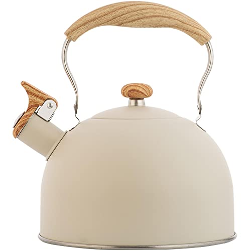 Bouilloire, bouilloire sifflet, cafetière à infusion, bouilloire Mindy, bouilloire, bouilloire à induction, poignée en bois blanc cassé, 2,5 l, convient à toutes les sources de chaleur