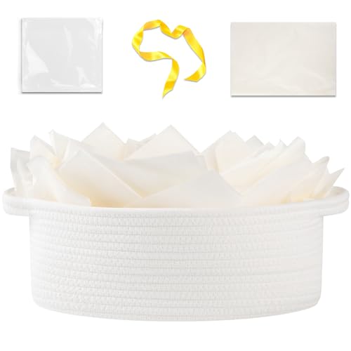 Image of OIAHOMY Gift Basket with Handle, 13.4 inchx 10 inchx 5.5 inch Woven Basket with Gift Bag, Ribbon and Wrap Tissue Paper, Nursery Bins Empty to Fill with Towels, Baby, Pet Toy Organizer - White