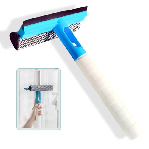 Limpia Cristales 3en1 rasqueta de Goma+Esponja limpiadora +depósito para Rellenar con líquido Limpiador. Limpiacristales Multiusos para el hogar, Coche u Oficina. (Azul)