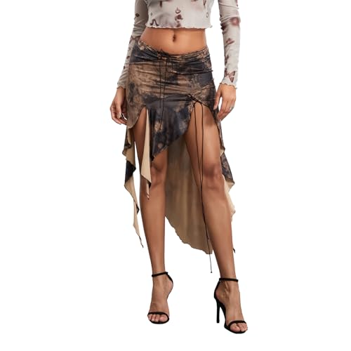Women's Midi Skirt Low Waist High Split Vintage Pattern Print Front Tie Up Irregular Ruffle Hem Skirt Clubwear2