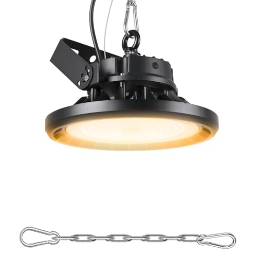 MAGOKORO LED高天井照明 100W 高天井灯 高輝度 16000lm IP66防水防塵 UFO型LEDハイベイライト 【プラグ付 3M配線】電球色3000K 投光器 安全ロープ付き 掲示板 作業灯 駐車場 運動場 工場照明 倉庫 天井照明 屋内屋外兼用 PSE認証 (1)