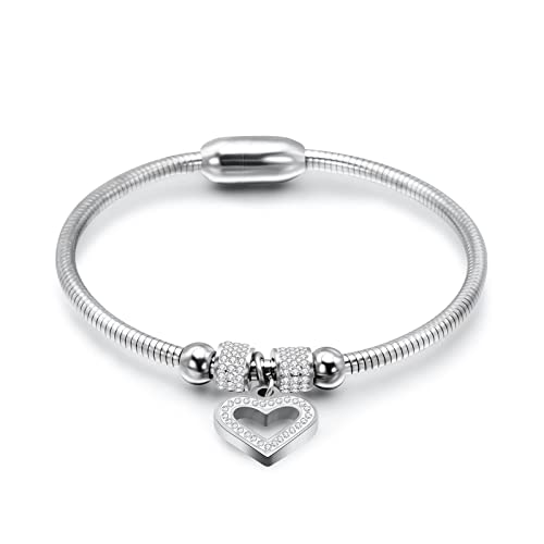 KunBead Heart Charm Birthday Bracelet Stainless Steel Love Bangle Cuff Jewelry Bracelets for Women