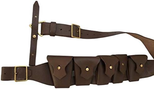 British Army Infantry Military Reproduction Genuine Pebble Leather Brown 5 Five Pocket Pouches P1903 1903 WW1 WWI & WW2 WWII Ammo Clips Rounds Shoulder Rig