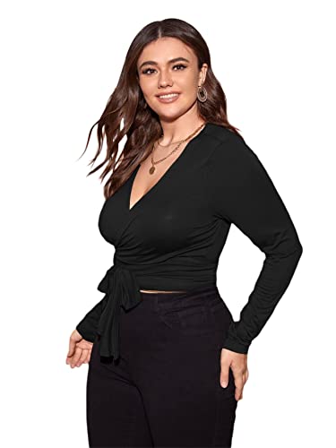 Floerns Women's Plus Size V Neck Long Sleeve Wrap Knot Front T Shirt Crop Top4