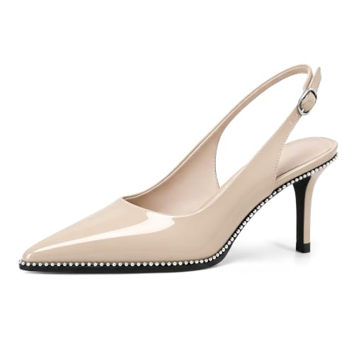 Image of YODEKS Slingback Heels for Women Pointy Toe Beaded Heels Close Toe Kitten Heel Pumps 2.5 Inch Stiletto Pumps Wedding Party Dressy Shoes