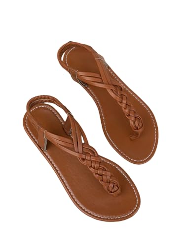 GORGLITTER Women's Braided T Strap Sandals Dressy Summer Ankle Srtap Elastic Beach Thong Sandals