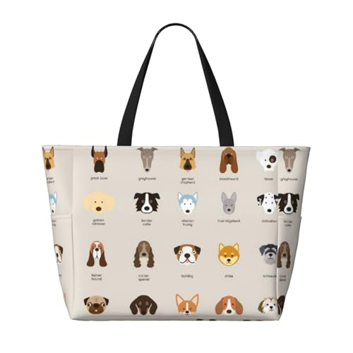 FLYIFE Bedruckte Strandtasche mit Hundemotiv, große Kapazität, Schultertasche für Damen, mit 7 Taschen, faltbar, Schwarz , Einheitsgröße