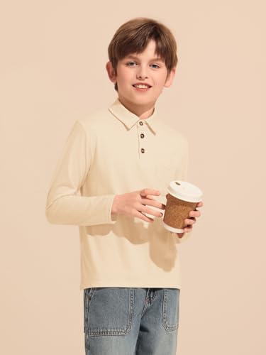 Image of Haloumoning Boys Long Sleeve Polo Shirts Kids Casual Button School Uniform Shirts with Chest Pocket 5-14 Years