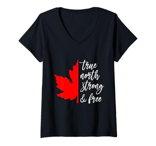 Womens True North Strong and Free Canada Day Canadian Flag V-Neck T-Shirt