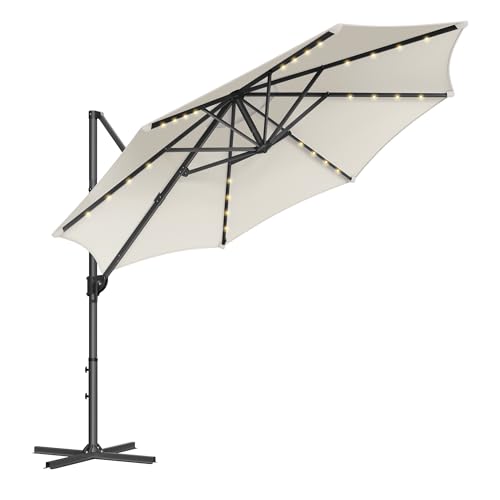 SONGMICS Garden Parasol Umbrella 3 m, 28 Solar Powered LED Lights, UPF 50+ Parasol Outdoor Patio Umbrella, 360° Swivel, Seamless Tilt, Crank for Opening Closing, with Cross Base, Cream White GPU047Y11