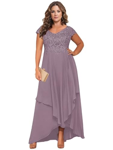 BONOYUER Tea Length Mother of The Bride Dresses with Sleeves V Neck Chiffon High Low Formal Evening Dress for Women4