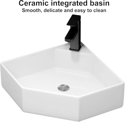 Lavabo de Montaje en Pared de Ahorro de Espacio con Almacenamiento, Lavabo de Porcelana para baños pequeños, fácil instalación de Accesorios Modernos con Estante