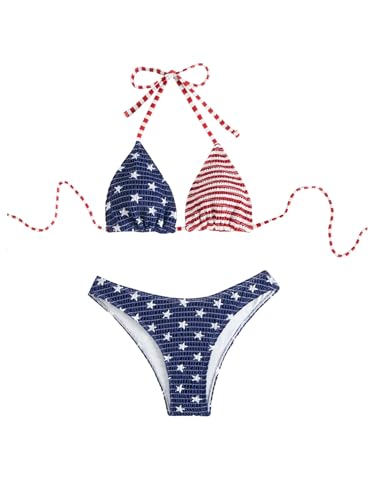 Verdusa Women's 2 Piece American Flag Bikini Set Halter Triangle Swimsuit High Cut Bathing Suit