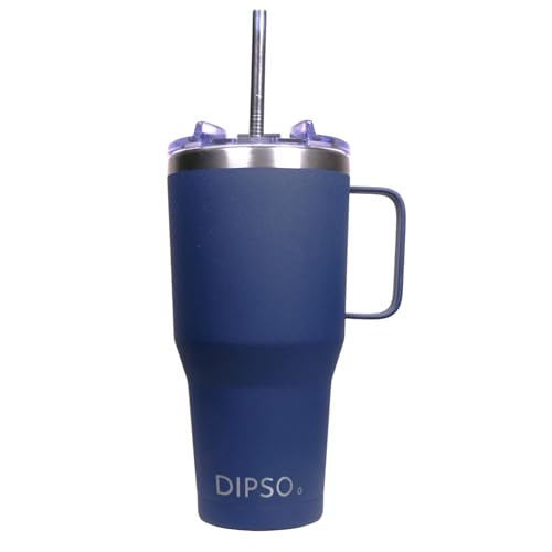 DIPSO Taza Térmica de Acero Inoxidable con Tapa a Rosca Antiderrames y Pajita - Vaso Térmico con Asa Metálica Soldada para Casa, Coche y Oficina - Mantiene Frío y Calor (600 ml Azul)