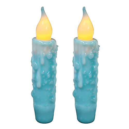 CVHOMEDECO. Echtwachs, handgetaucht, batteriebetrieben, LED-Timer, Kegelkerzen, rustikal, primitiv, flammenlose Lichter, Dekoration, 11,4 cm, Blaugrün, 2 Stück in einer Packung