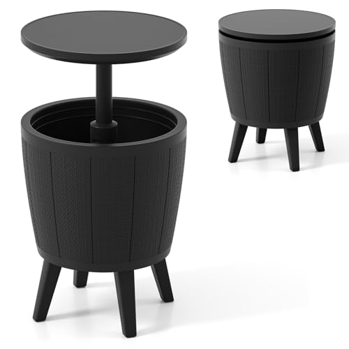 GYMAX Table Basse à Glacière d'Extérieur 2 en 1, Plateau Relevable 49/84cm, Capacité 38L pour 50 Canettes, Effet d'Isolation 12 Heures, avec Trou de Drainage, pour Jardin Cour Piscine Plage (Noir)