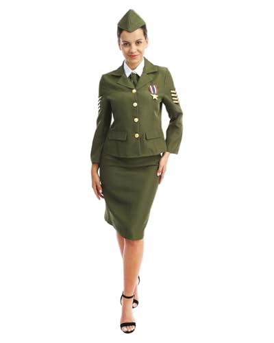 P'tit Clown - Costume Militaire Femme - Déguisement DDay Officier US Army - Adulte - Uniforme Soldat Seconde Guerre Mondiale Vintage - Idéal pour Carnaval, Fêtes Costumées - Polyester - Vert (S-M)