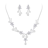 EleQueen Women's Silver-Tone CZ Simulated Pearl Flower Filigree Bridal Necklace Earrings Set Ivory Color
