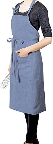 LK PureLife Stonewashed 100% French Linen Apron-Adjustable with Pockets for Women Men-Blueberry