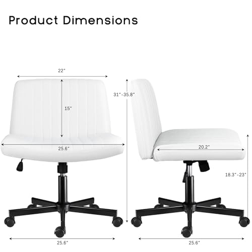 PUKAMI Criss Cross Chair with Wheels,Fabric Padded Armless Cross Legged Office Desk Chair for Home Office,Modern Swivel Height Adjustable Wide Seat Computer Task Vanity Chair,White