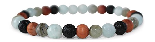 Leboha Multi Colored Essential Oil Diffuser Bracelet, 6mm Wood, Faceted Labradorite, Aquamarine, Black Lava Stone