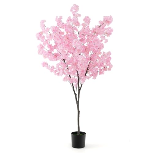 Goplus 6.5FT Artificial Cherry Blossom Tree, Pink Fake Flower Tree, Faux Floral Plant Blooming Tree in Cement Pot, Tall Potted Artificial Tree for Indoor Outdoor Office Home Porch Decor