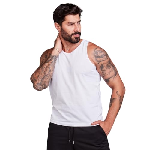 Camiseta Regata Masculina Algodão Premium (BR, Alfa, P, Slim, BRANCO)