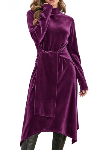 Image of Jayscreate Women's 2023 Long Sleeve Sweater Dress Fall Winter Midi Tie Front Knit High Waist Business Casual Dress