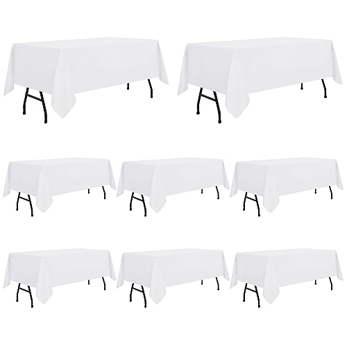 Image of sancua 8 Pack White Tablecloth 60 x 84 Inch, Rectangle Table Cloth for 4ft Tables - Stain and Wrinkle Resistant Washable Polyester Table Cover for Dining Wedding Banquet Party Buffet Restaurant