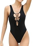 SHEKINI Women One Piece Swimsuits Monokini Lace-up V Neck U Back High Cut Bathing Suits (Medium/(US 8-10), Manhattan Black)
