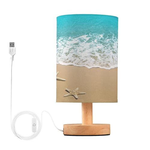 YEGAME Lampe de chevet de plage en bord de mer pour chambre à coucher, petit soin des yeux, lampe de lecture LED, port USB, base en bois, abat-jour rond en...