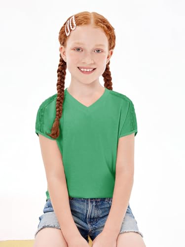 Image of Haloumoning Girls V Neck T-Shirts Kids Summer Swiss Dot Short Sleeve Tops Cute Fashion Tees 5-14 Years