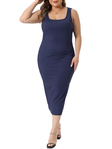 Image of Agnes Orinda Plus Size Dress for Women Summer Sleeveless Square Neck Bodycon Cocktail Sundress Sexy Midi Tank Dress