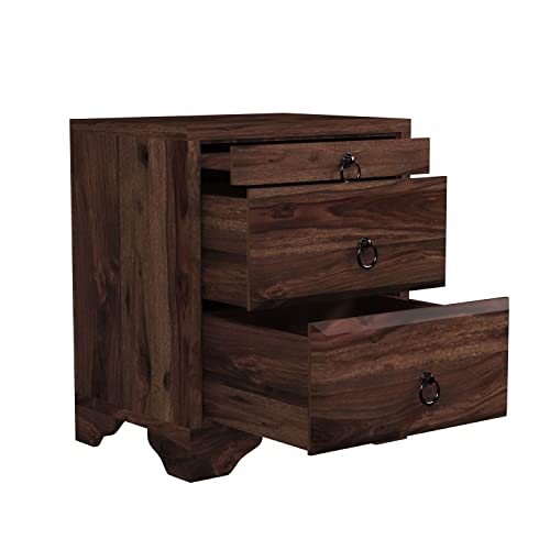 Image of WOODLAB Solid Sheesham Wood Bedside Table | Wooden Nightstand with 3 Storage Drawers | Modern Multipurpose End Table | Ideal Furniture for Living Room, Home & Bed Room (Walnut Finish)