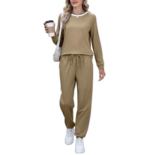 Marvmys Women Long Sleeve Tracksuits Fashion 2 Piece Lounge Set Travel Outfits Jogger Set XX-Large Khaki