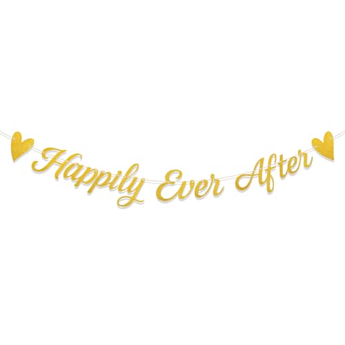 Happily Ever After Banner Gold Glitter Bridal Shower Decoration Pre-Strung Hanging Banner for Wedding Party Engagement Decor Photo Booth Props