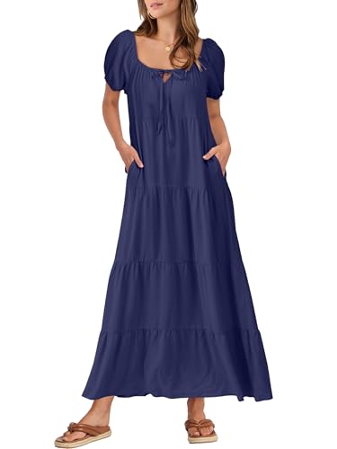 ANRABESS Women's Boho Maxi Dresses 2025 Summer Casual Floral Puff Short Sleeve Tie Front Flowy Swing Tiered Long Beach Dress