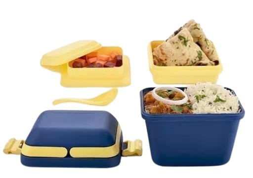 Airtight Lunch Boxes Set – Buy 1 Get 1 Free + Free Pillar | 3-Compartment Tiffin with Handle & Push Lock | Plastic Lunch Boxes for Kids, Office & Travel (Blue & Grey) Lunch box_011_blue&grey