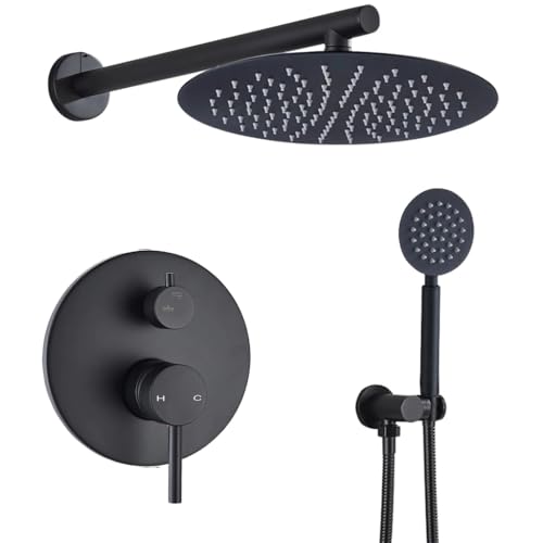 Système de douche dissimulée de luxe avec plafonnier en acier inoxydable noir 16 pouces