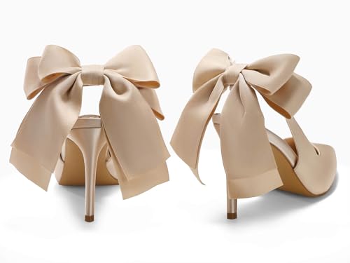 Image of Coutgo Womens Slingback High Heels with Bow Closed Pointed Toe Wedding Bride Dress Shoes Satin Pumps