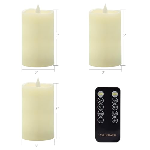 Image of 3 inch x 5 inch Flameless Candles Set of 3, 2AA Battery Life 600 Hours Battery Candles Flickering with Timer, 5 inch Flameless Candles with Remote for Indoor /Outdoor, Ivory