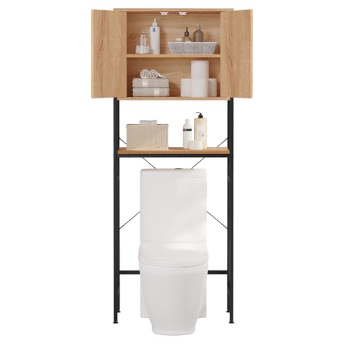 EUGAD Waschmaschinenschrank, Waschmaschinenregal Regal über Waschmaschine Toilette, Toilettenregal mit Schrank Verstellbarer Ablage, Badregal aus Holzwerkstoff Metall, 64,5x170x27 cm